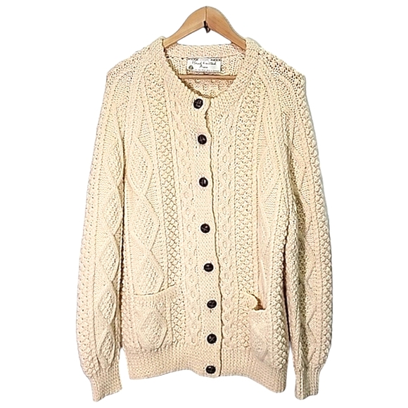 Aran Sweaters - Aran Hand knitted pure wool button-up cardigan size measurements in description